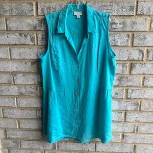 J. Jill 100% Linen Sleeveless Blue/Green Button Down Blouse Women's Size S